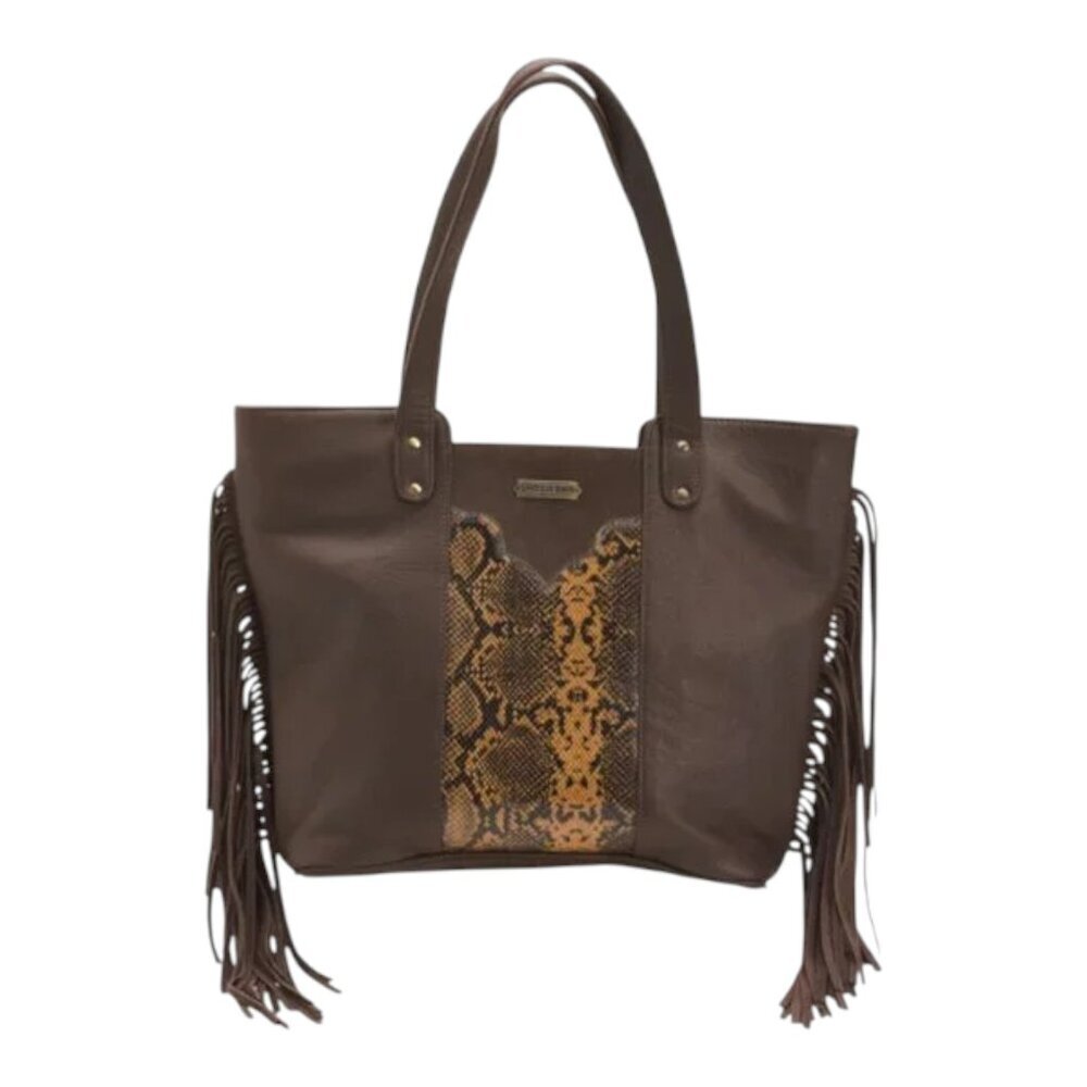 AMERICAN BISON Brown Leather Fringe Tote With Snake Embellishment